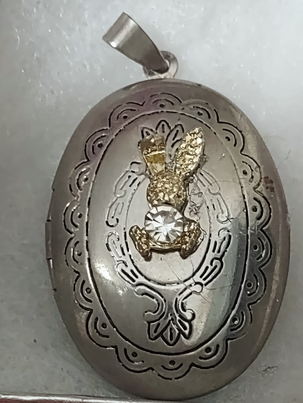 Vintage Silver Locket Pendant w/ Gold & Crystal Rabbit Charm